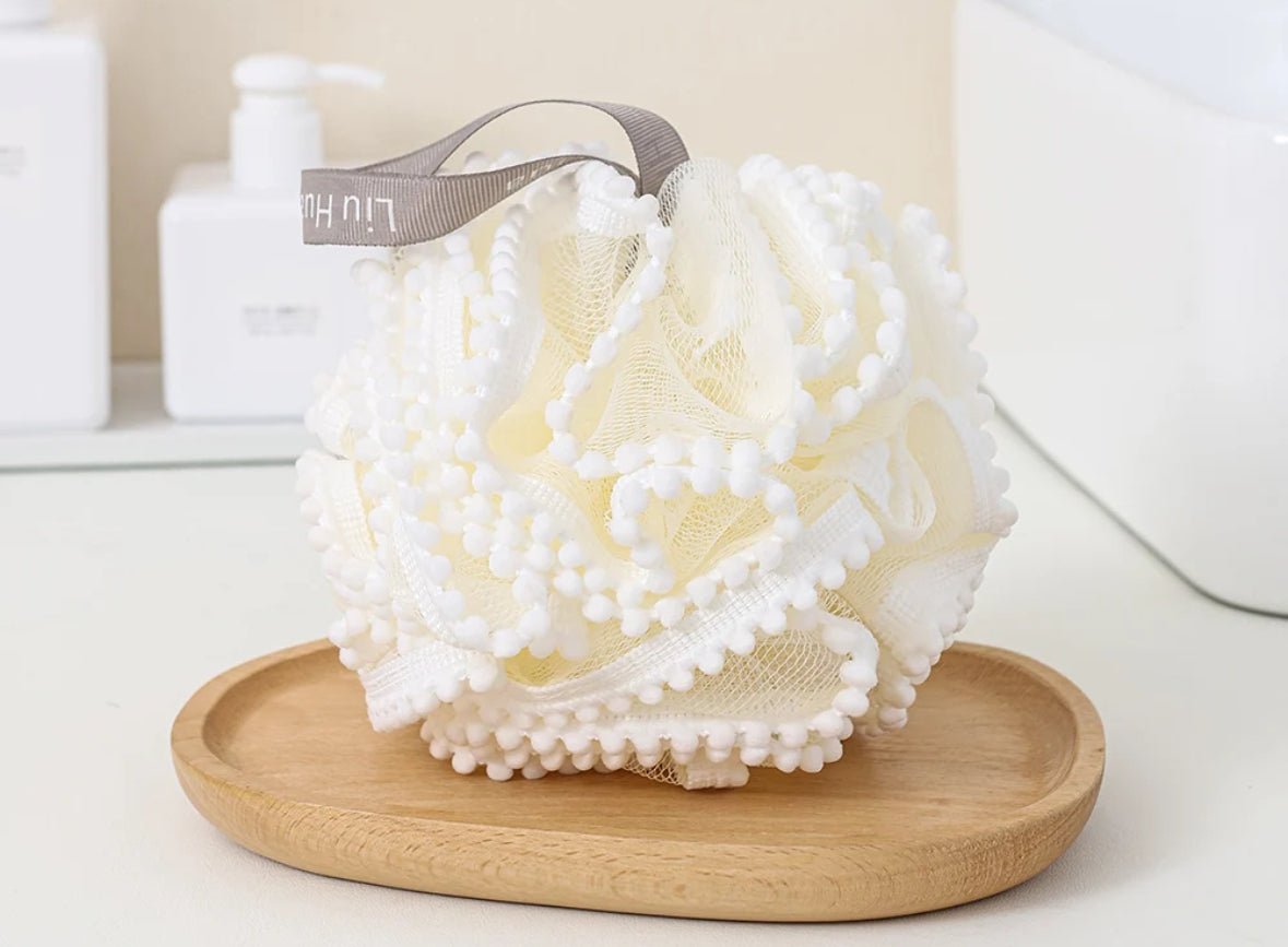Loofah Pouf with Pom Pom Trim - Bumble & Bleat Soapery