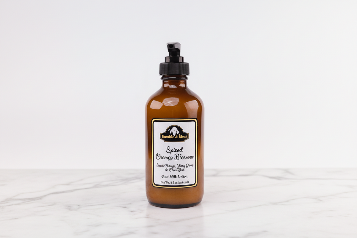 Spiced Orange Blossom Goat Milk and honey body lotion for dry skin scented with an uplifting blend of essential oils - Bumble & Bleat Soapery