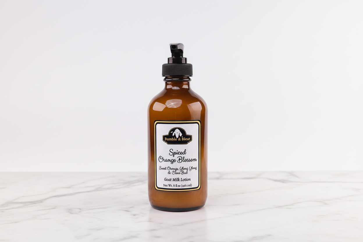 Spiced Orange Blossom Goat Milk and honey body lotion for dry skin scented with an uplifting blend of essential oils - Bumble & Bleat Soapery